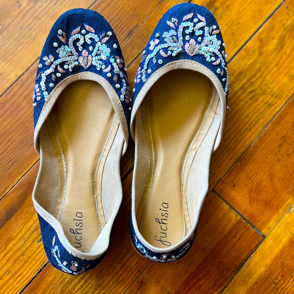 Fuchsia Shoes Navy Beaded Flats Size 10